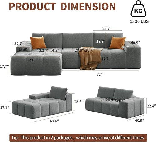 114” Oversized Modular Sectional Couch for Living Room, Chenille Boneless Couch L-Shape Cloud Sofa with Deep Seat and Chaise, Memory Foam Compressed Sofa for Living Room Furniture Bedroom Apartment