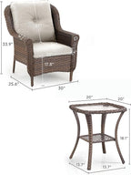 3 Piece Patio Brown Wicker Chairs with Side Table - Outdoor High Back Heavy Duty All-Weather Lawn Dining Rattan Chair Conversation Bistro Set for Deck Porch Balcony Backyard Garden - Beige