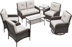 COOS BAY Vintage Courtyard Patio Furniture Set, Wicker Outdoor Furniture, Patio Conversation Sets, 2 Chairs, 2 Swivel Rockers, Loveseat, Coffee Table and Side Table, 7 Pieces, Gray/Beige