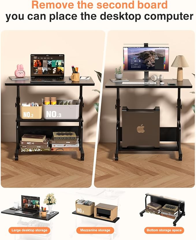 Portable Rolling Desk on Wheels Adjustable Height Desks for Small Spaces, 32" Computer Desk with Storage Shelves for Home Office Black