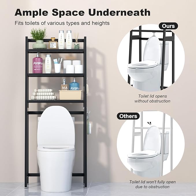 VASMIA Over The Toilet Storage,Bamboo 3-Tier Bathroom Organizer Over Toilet Storage Cabinet,Freestanding Space Saver with 3 Hooks Black