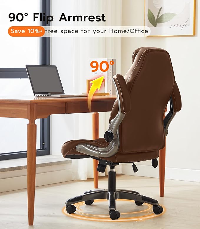 Office Desk Chair, Ergonomic Computer Chair with Padded Flip-Up Arms and Adjustable Lumbar Support, PU Leather Executive Chair with Tilt Lock and 360° Swivel Rolling Wheels for Work, Study