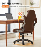 Office Desk Chair, Ergonomic Computer Chair with Padded Flip-Up Arms and Adjustable Lumbar Support, PU Leather Executive Chair with Tilt Lock and 360° Swivel Rolling Wheels for Work, Study