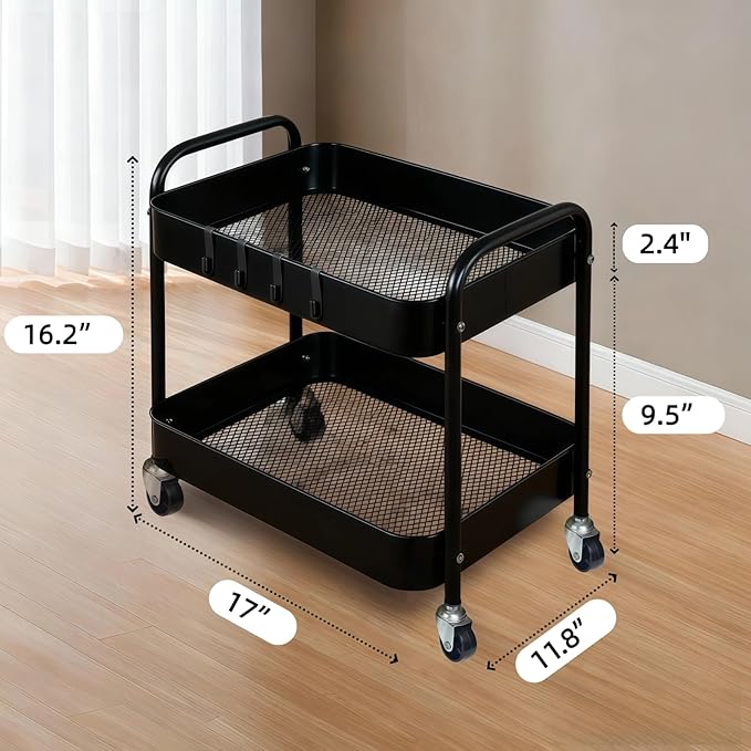 2 Tier Metal Rolling Utility Cart with Wheels Under Desk Storage Cart with Handle, Roll Around Organizer Trolley for Small Space Pantry Bathroom Home Kitchen Office Snack Baby Supplies, Black