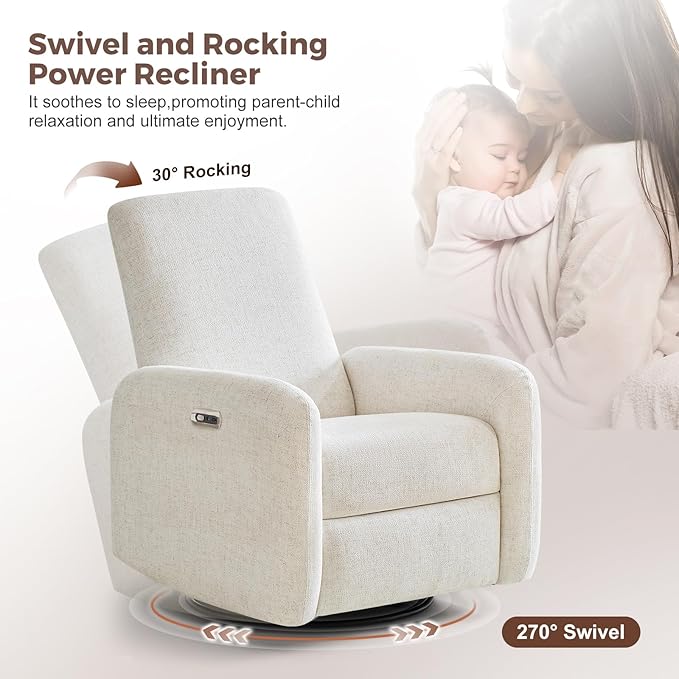 Power Recliner Chair, Swivel Rocker Recliner with USB A/C Charging Ports & Smooth Swivel Motion, Chenille Upholstered Rocking Chair for Nursery,Living Room, Bedroom, Set of 2, Cream