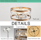 Silver Farmhouse Chandelier Light Fixture, 4-Light Kitchen Lighting Fixture Ceiling Mount, Rustic Round Ceiling Hanging Kitchen Island Lighting for Dining Room Bedroomxture