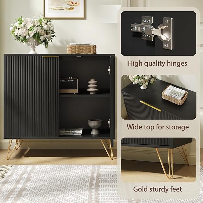 Fluted Storage Cabinet, Set of 3, Sideboard Buffet Cabinet, Modern Wood Accent Cabinet with Adjustable Shelves, Console Table for Living Room, Hallway, Entryway, Black