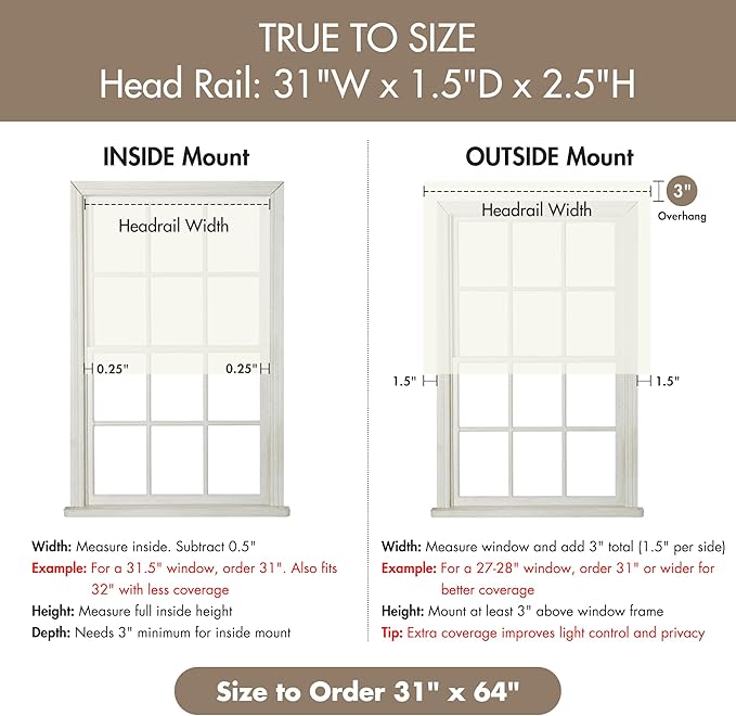 Madison Park Kyler Cordless Roman Shades - Single Panel, Lightweight Linen Blend Fabric, Natural Design, Easy Installation, Light Filtering Window Blind, Bedroom, Living Room Decor 31"W x 64"L Ivory