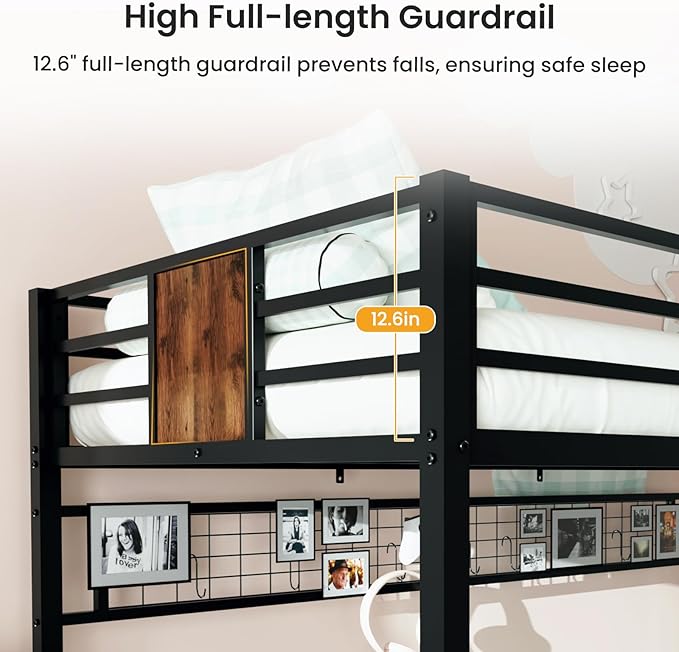 Twin Over Twin Bunk Bed, Convertible Twin Bunk Bed w/Desk & Storage & 2 Seat, Heavy Duty Metal Twin Loft Bed Frame with Safety Guardrails & EVA Padded Ladder for Teens(Cushion not Included)