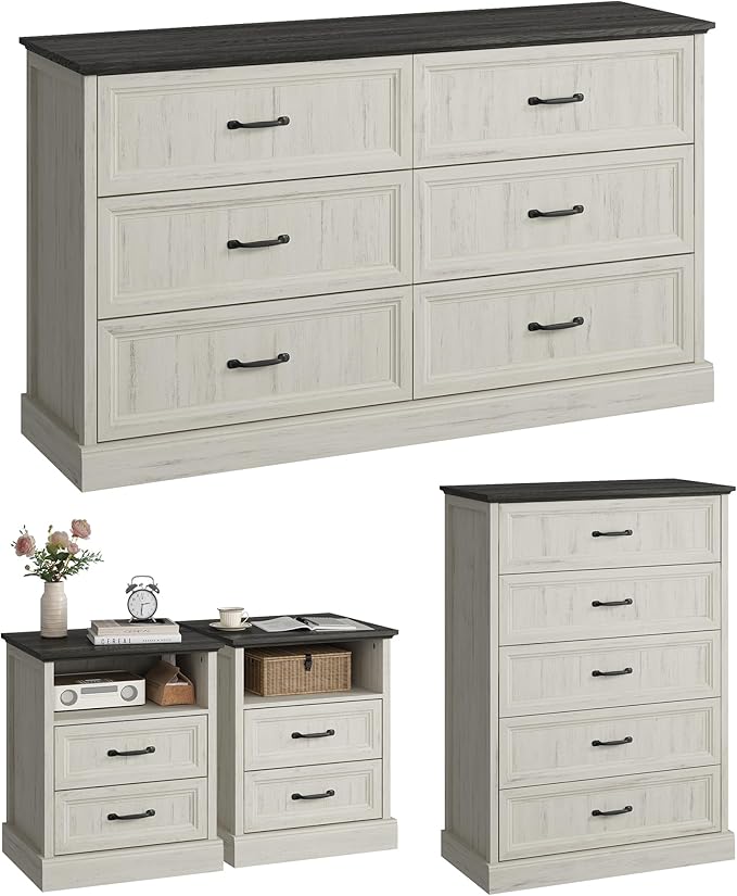 CARPETNAL Farmhouse Dresser and Nightstand Sets for Bedroom, 4 Pcs Bedroom Set, 5 Drawer & 6 Drawer Dresser and Nightstand Set of 2, Wood Chest of Drawers for Living Room, Entryway, White