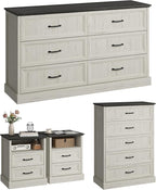 CARPETNAL Farmhouse Dresser and Nightstand Sets for Bedroom, 4 Pcs Bedroom Set, 5 Drawer & 6 Drawer Dresser and Nightstand Set of 2, Wood Chest of Drawers for Living Room, Entryway, White