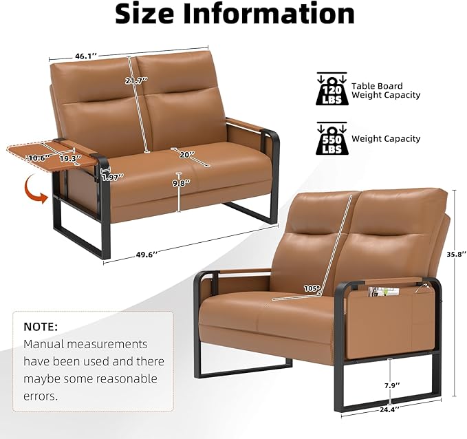 Faux Leather Loveseat, Upholstered Loveseat with Side Tray Table & Storage Pocket, Small Loveseat for Living Room, Modern 2 Seater Sofa Couch for Small Spaces, Bedroom, Brown