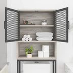 Launica Bathroom Space Saver, Over The Toilet Storage Cabinet, Metal and Wood Industrial Organizer Stand Above Toilet, Freestanding Rack Behind Toilet Wtih Shelf, Light Grey Oak