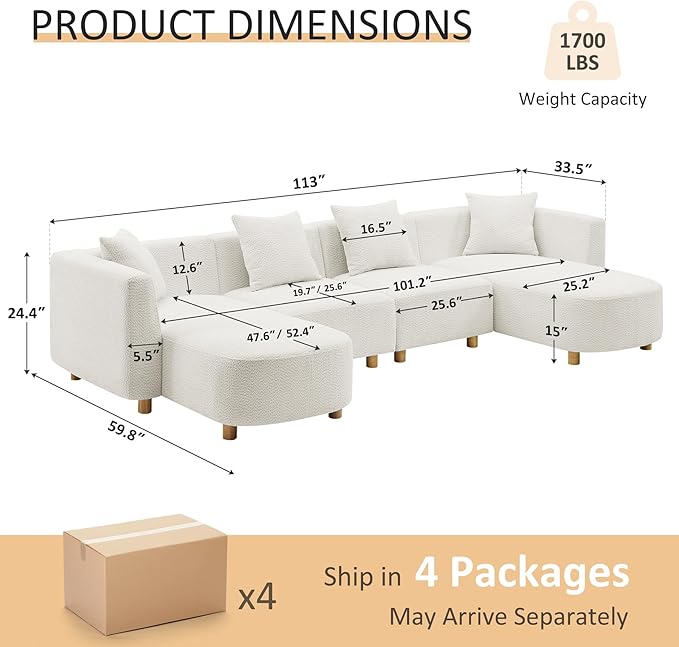 VANOMi 113" Sectional Sofa with 4 Pillows, U-Shaped 4-Seater Comfy Boucle Cloud Couch, Modern Double Chaises Lounge Sofas for Living Room, Office, Apartment (White-U)