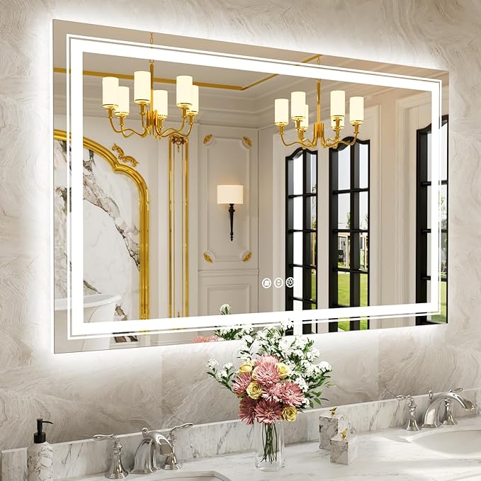 WTTY LED Bathroom Mirror 55"x36" with Back and Front Light,Modern LED Mirror for Bathroom,Stepless Dimmable Lighted Bathroom Vanity Mirror with Anti-Fog,Memory Function,Shatter-Proof