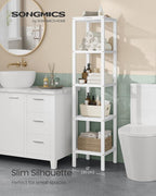 SONGMICS Bamboo Storage Shelf, 5-Tier Shelving Unit, Multifunctional, in The Entryway, Bathroom, Living Room, Balcony, Kitchen, 13 x 13 x 57.5 Inches, Cloud White UBCB055W01