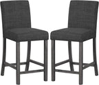 COSTWAY Counter Height Bar Stools Set of 2, 24.5’’ Upholstered Mid Century Modern Island Chairs with Rubber Wood Legs, Wooden Barstools for Kitchen, Dining Room, Bar, Restaurant (Grey)