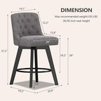 MINCETA Bar Stools Set of 4, 26 Inch Upholstered Barstools with Low Tufted Back and Footrest, Swivel Counter Height Barstools for Kitchen Island Home Bar Performance Fabric Gray