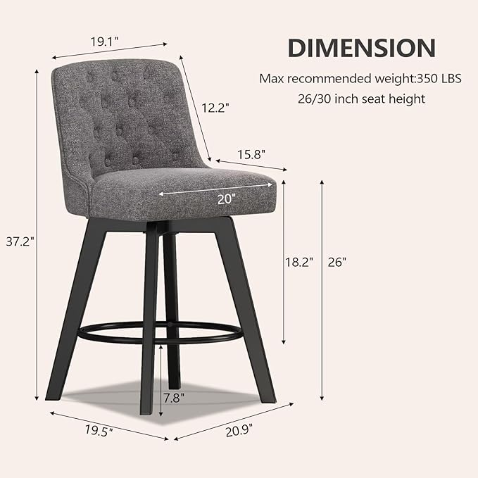 MINCETA Bar Stools Set of 4, 26 Inch Upholstered Barstools with Low Tufted Back and Footrest, Swivel Counter Height Barstools for Kitchen Island Home Bar Performance Fabric Gray