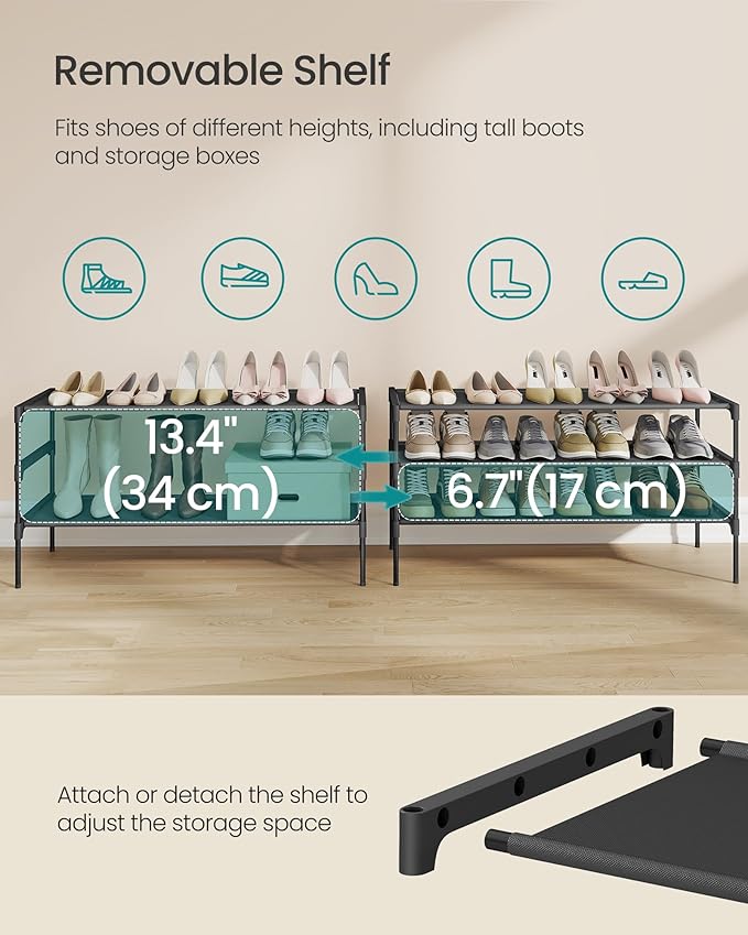 SONGMICS Shoe Rack, 3-Tier Shoe Storage Organizer, Space-Saving, 11.6 x 36.1 x 21 Inches, Entryway, Metal Frame, Non-Woven Fabric Shelves, Ink Black ULSH033BH01S