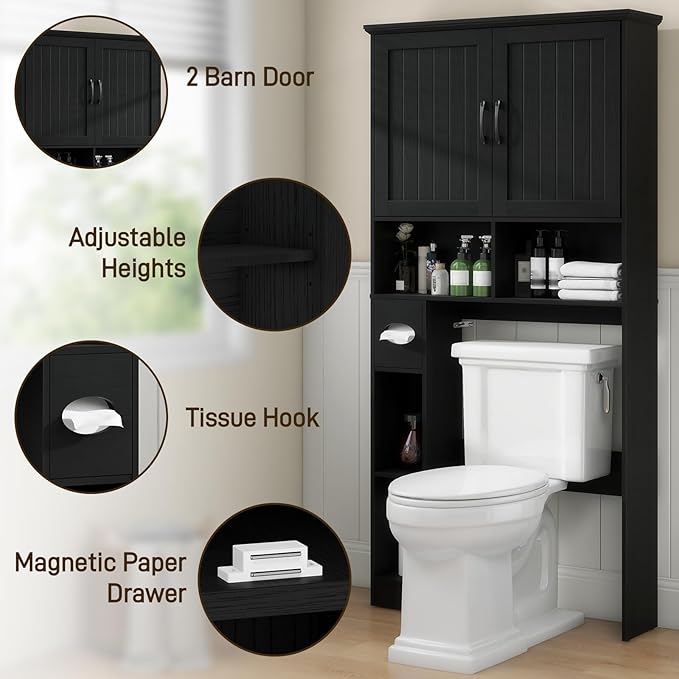 Over The Toilet Storage Cabinet, Farmhouse Storage Cabinet Over Toilet with Barn Door& Toilet Paper Holder Stand，Home Space-Saving Toilet Rack, for Bathroom, Restroom, Laundry.Pure Black