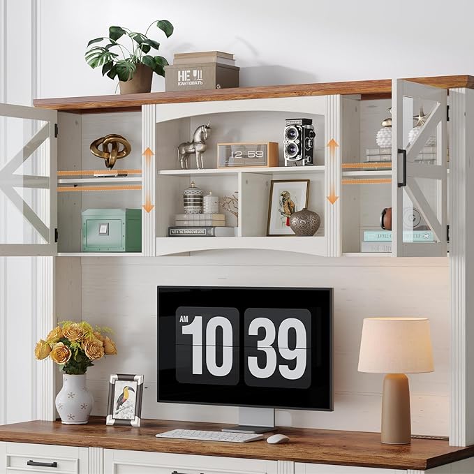 ONBRILL 72" H Farmhouse Executive Desk with Hutch, Office Desk, Computer Desks with Charging Station, Computer Workstations with 5 Drawers and Storage Cabinet for Home, Office, Off White & Walnut