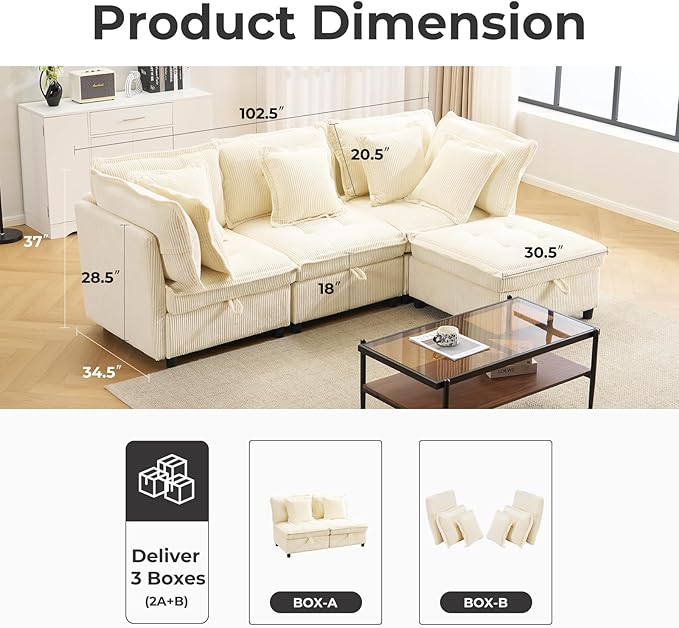 103" Modular Sectional Sofa, L-Shaped Corduroy Comfy Sectional Couches for Living Room, 3-Seater Cloud Couches with 1 Ottoman, Modern Deep Seat Sofa with Large Storage, Corduroy Beige