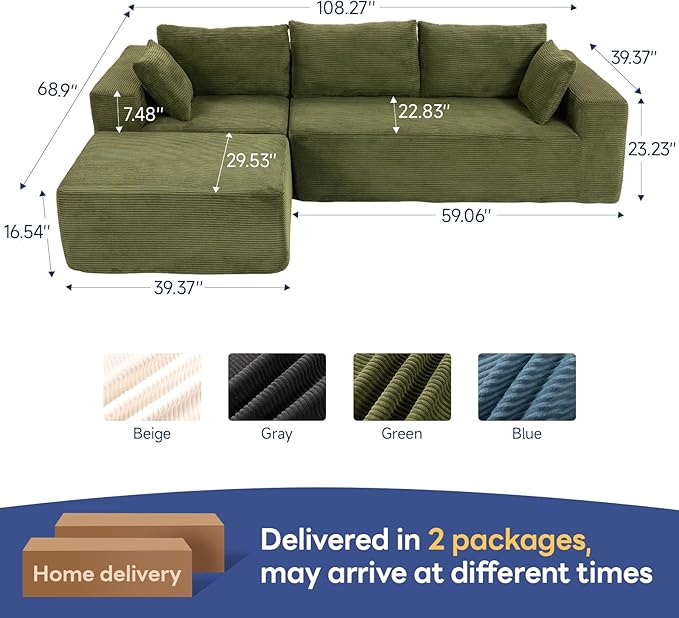 2025 New 108" Cloud Couch Sectional, Modular Sectional Sofa with L-Shaped Chaise, Deep Seat Sectional Modular Couch for Living Room, No Assembly Required (Green, Chaise Ottoman)