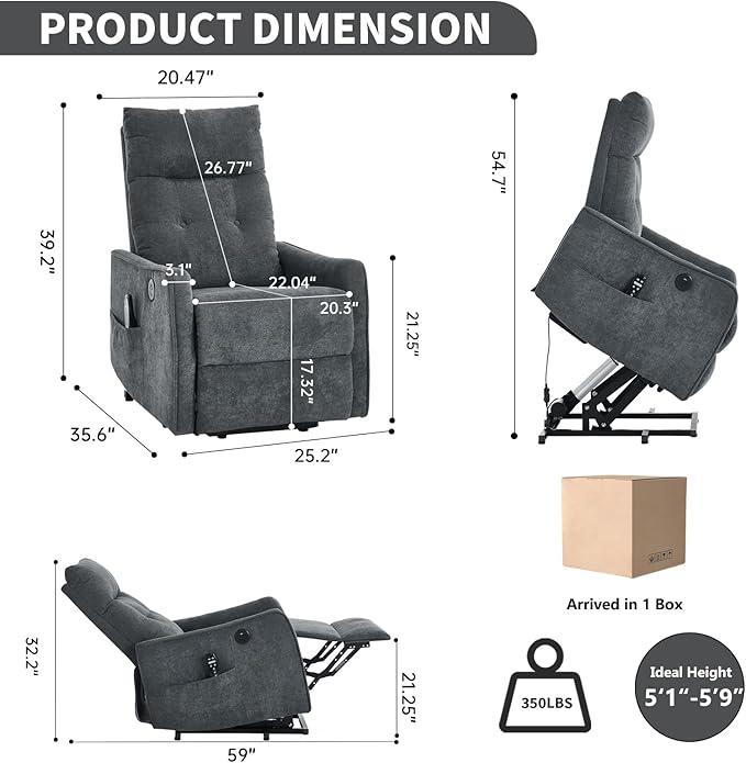 PELUMY Manual Lift Recliner Chair with Massage and Heat for Elderly, Single Motor Electric Lift Chair, Heavy Duty Recliner with USB Charging & Side Pockets (Chenille, Grey)