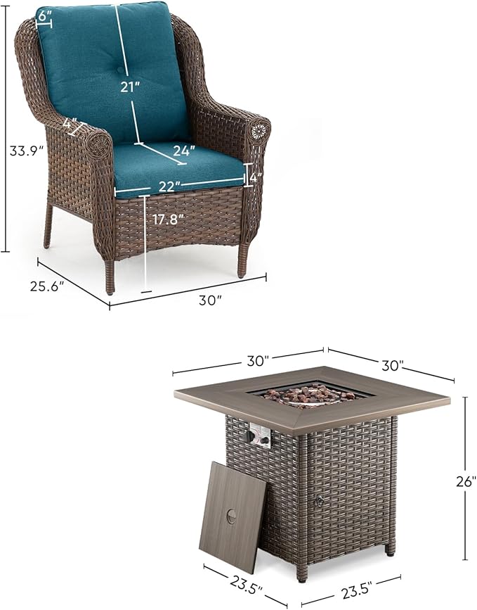 Outdoor Patio Chairs with Fire Pit Table 5 Piece Set - High Back Brown Wicker Rattan Lawn Chair with Thick Cushion for Porch Apartment Deck Yard Poolside Garden - Peacock Blue