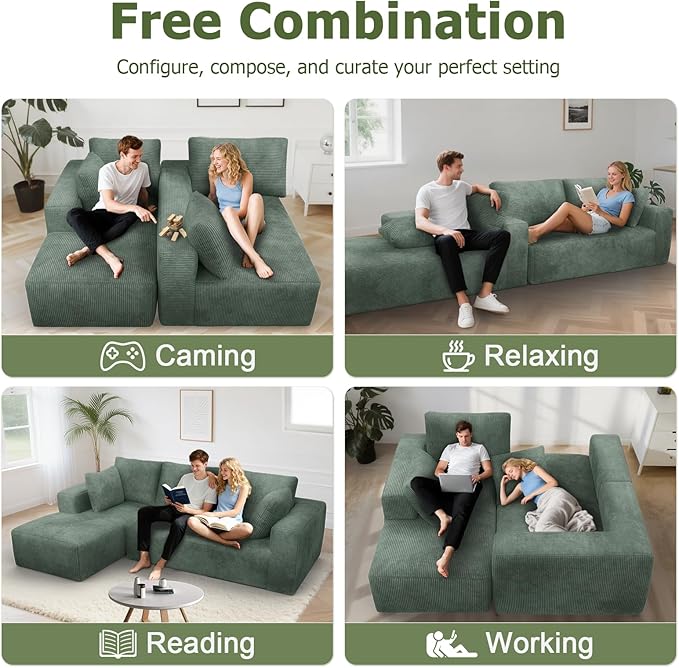 108” Cloud Sectional Couch, Modular Sectional Sofa with Deep Seat, Corduroy Boneless Couches with Chaise for Living Room Bedroom, No Assembly Required
