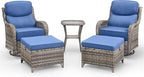 Swivel Patio Chairs Sofa Set of 5 with 6" Thick Cushion - Wicker Outdoor Swivel Rocker Patio Chair with Side Table, High Back Comfortable Outdoor Glider Chairs - Grey Wicker | Blue Cushions