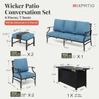 Patio Furniture Set, 6 Pcs Metal Outdoor Conversation Set, 2 Single Chairs, 2 Ottomans and 3 Seater Sofa with 5.75" Extra Thick Cushion and Gas Fire Pit Table, Navy Blue