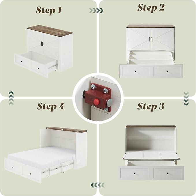 Queen Murphy Bed with 6" Tri-Fold Memory Foam Mattress, Storage Drawer & Charging Station, Space-Saving Design for Home Office or Guest Room, White