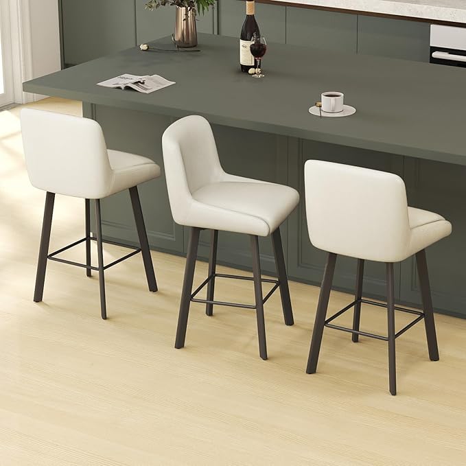 Swivel Bar Stools, 26''H Upholstered Barstools with Backs, Modern Counter Height Bar Stool Chairs for Kitchen Island, Metal Legs (Beige- Faux Leather, Set of 6-26" H)