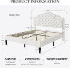 SHA CERLIN Queen Size Bed Frame with Adjustable Headboard/Velvet Upholstered/Diamond Button Tufted and Metal Studs/No Box Spring Needed/Sturdy Wood Slat Support/Easy Assembly/White