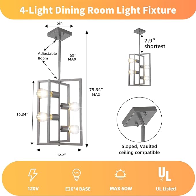 Silver Chandelier Light Fixture Modern: 4-Light Farmhouse Kitchen Island Lighting, Rustic Industrial Dining Room Light Fixtures, for Living Room, Bedroom, Foyer, Entryway, Staircase