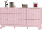 Fluted Dresser for Bedroom with 9 Drawers, 57" Pink Dressers & Chest of Drawers for Girls, Mid Century Modern Dresser of Closet TV Stand, Boho Wood Chests of Drawer for Living Room, Hallway, Pink