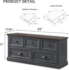 Farmhouse 5 Drawers Dresser for Bedroom, 45" Wide Chest of Drawers, 21" Tall Storage Closet Bench Storage Chest Storage Trunk, Wood Rustic Dresser for Closet, Living Room, Hallway, Dark Grey