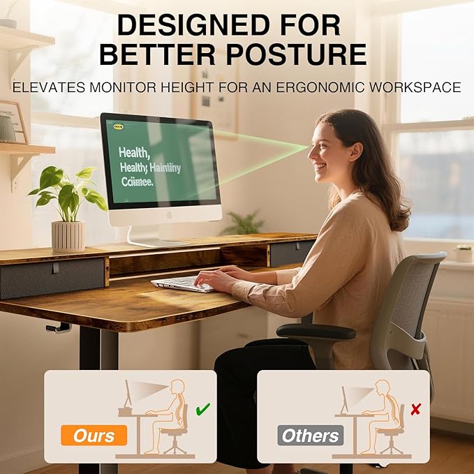 Veken 55"×27.6" Ergonomic Standing Desk with Drawers, Adjustable Height Home Office Desk with Monitor Riser, Computer Table for Work, Study, Gaming, Reading, Brown