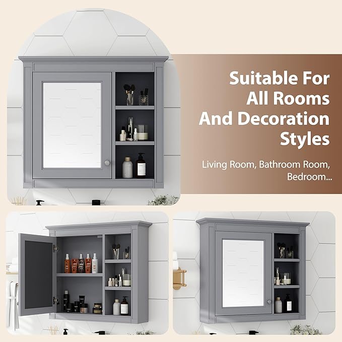 Bathroom Wall Cabinet with Mirror, 30'' x 28'' Medicine Cabinet with Mirror Door and Adjustable Shelves, Over Toilet Storage Cabinet, Wall-Mounted Bathroom Mirrors for Over Sink with Storage