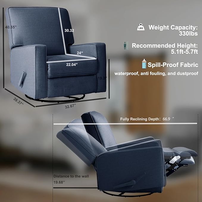 Harkawon Swivel Rocker Recliner Chair, Glider Rocker Recliner, Rocking Chairs Nursery, Fabric Chair with High Back, Deep Seat, for Living Room, Bedroom, Blue