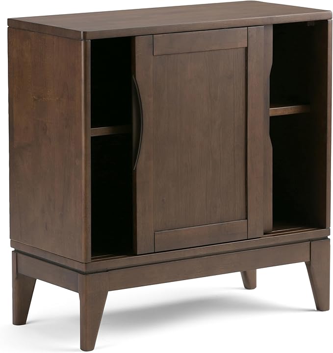 SIMPLIHOME Harper SOLID WOOD 30 inch Wide Mid Century Modern Low Storage Cabinet in Walnut Brown, with Large Space Behind 2 Sliding Notched Handle Doors with 2 Adjustable Shelves