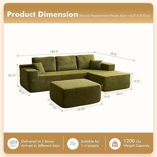106" Cloud Sectional Couch with L-Shape Chaise & Ottoman, No Assembly Modular Sofa, Deep Seat Corduroy Boneless Couched for Living Room (Green Cloudy Velvet, Right Facing Chaise with Ottoman)