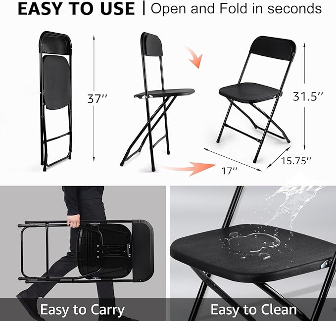 10 Pack Black Folding Chairs, Portable Stackable Commercial Foldable Chair, Indoor Outdoor Plastic Folding Chair for Events/Office/Home/Wedding/Party, 400lbs Capacity