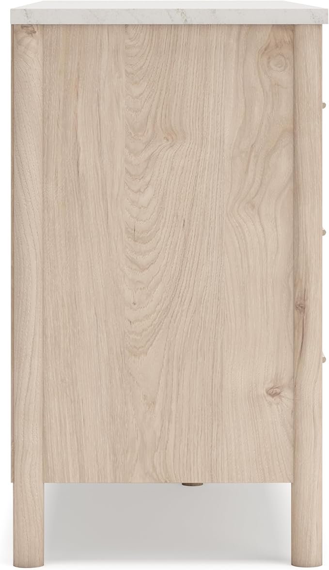 Signature Design by Ashley Cadmori Casual Bohemian Dresser with Post Legs and 6 Drawers, Replicated Marble Top, Wood, 35" High, White and Light Brown Finish