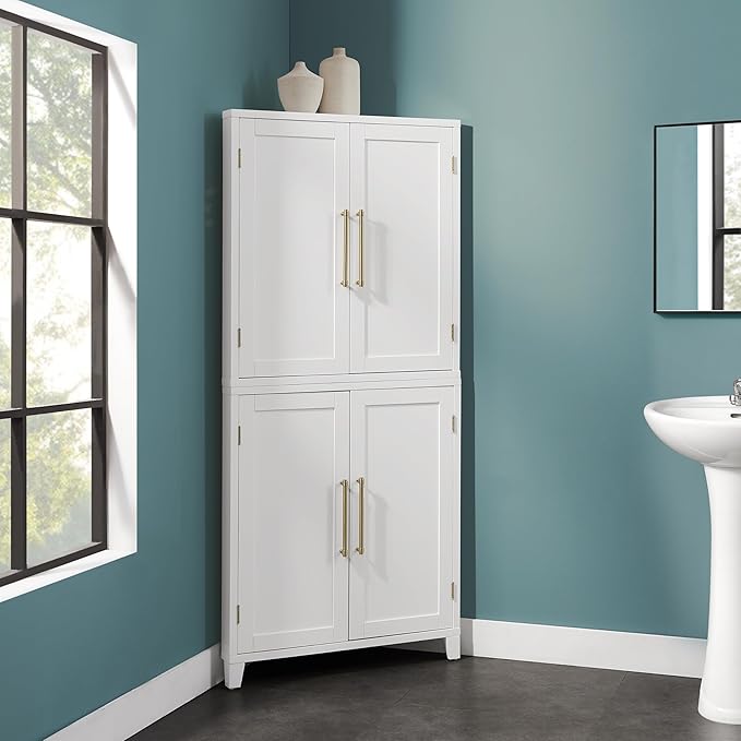 Crosley Furniture Roarke Corner Kitchen Storage Pantry Cabinet with Shelves, Kitchen, Dining, Laundry Room, White