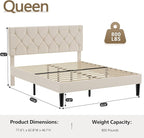 VECELO Queen Bed Frame with Button Tufted Headboard, Upholstered Platform with Wooden Slat Support, No Box Spring Needed, Cream Beige