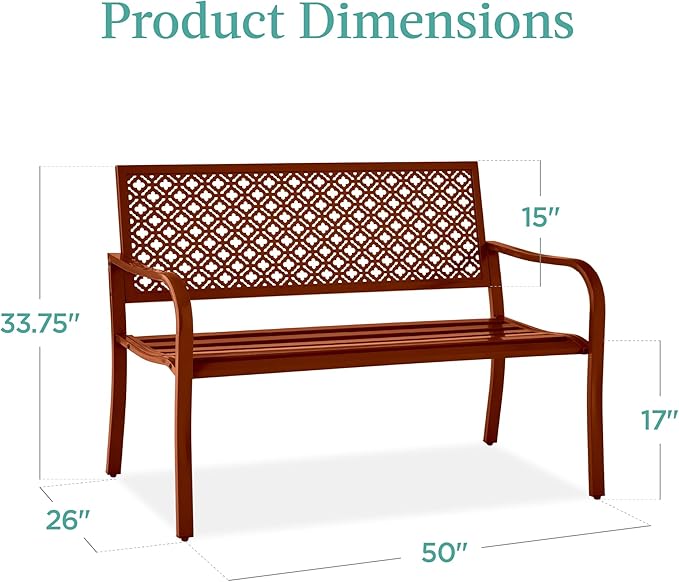 Best Choice Products Outdoor Bench 2-Person Metal Steel Benches Furniture for Garden, Patio, Porch, Entryway w/Geometric Backrest, 790lb Capacity - Rust