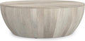 SIMPLIHOME Elmbrook Coffee Table - 34 inch Wide Solid Mango Wood Modern Industrial Round Drum Cocktail Table in White Wash, Sculptural Living Room Table with Low Profile Design, Assembled